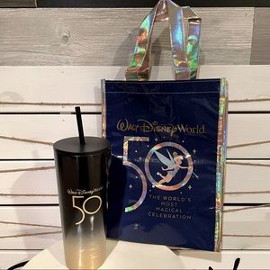 NWT Starbucks Disney 50th Anniversary metal tumbler and reusable bag.